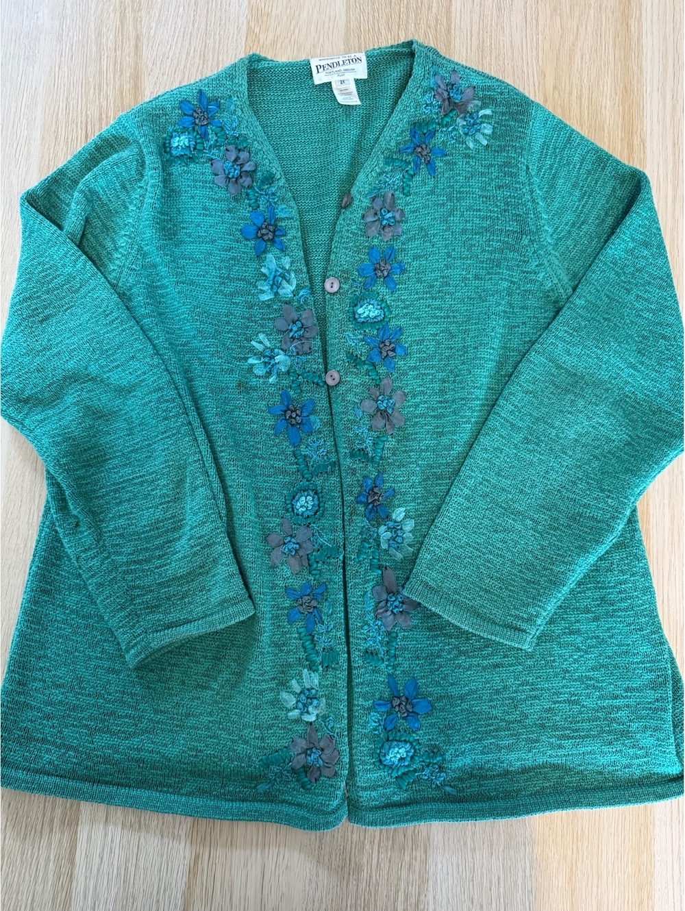 Pendleton Green Floral Embroidered Vintage Botanical Cottagecore Cozy Knit